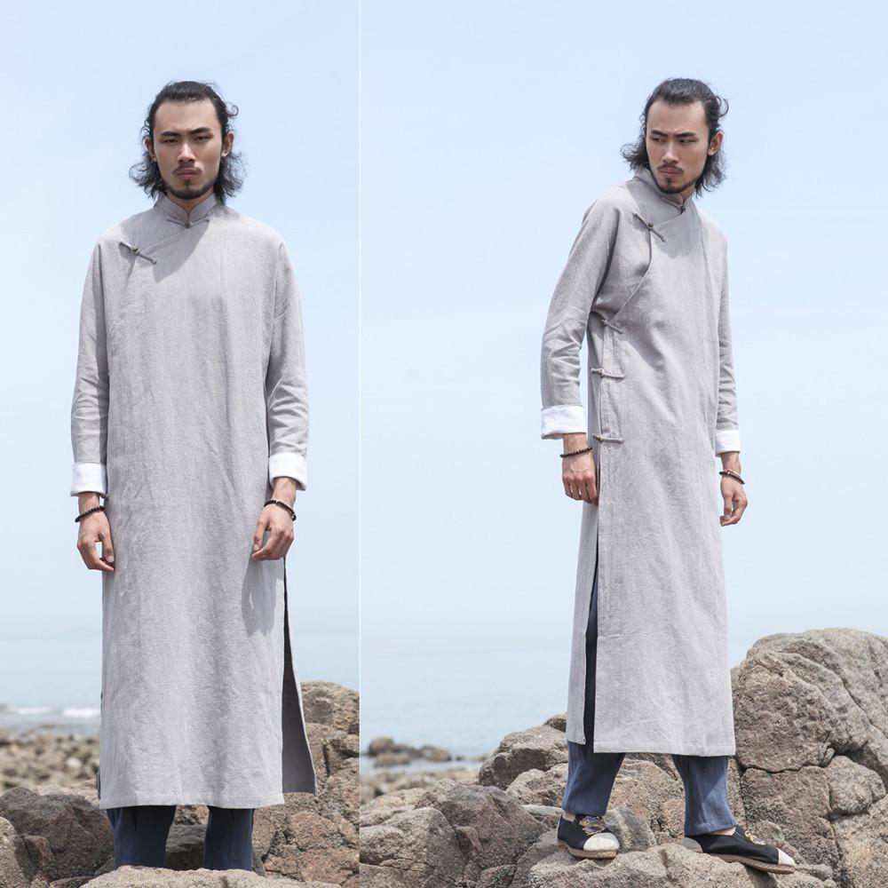 Ležérní dlouhé šaty Hanfu ve stylu éry Republiky, taoistický lněný župan s pan sponou a měděnými knoflíky