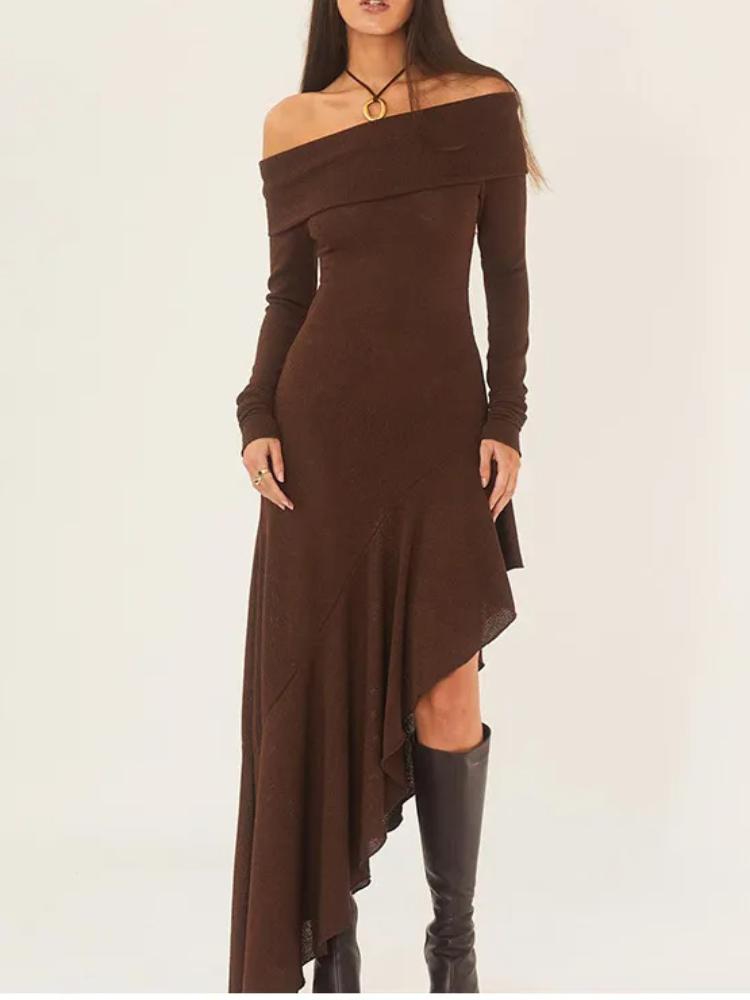 

Длинное платье с открытыми плечами и оборками, сексуальное облегающее платье Y2K с разрезом по бокам, элегантное платье, женская уличная одежда L коричневый