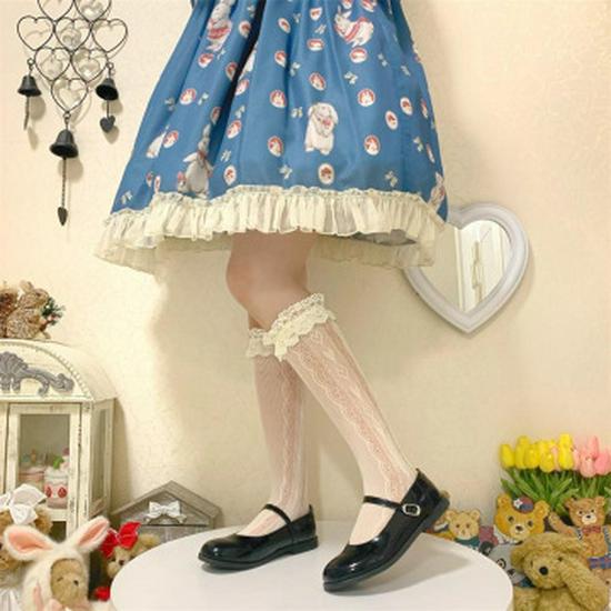 Weiße Spitzen Mid-Calf Socken mit Schleife - Lolita-Stil