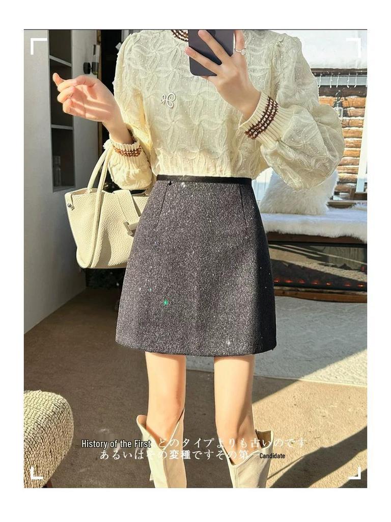 Korean Style Woolen Sparkling Skirt for Women — Autumn/Winter Petite Short Skirt