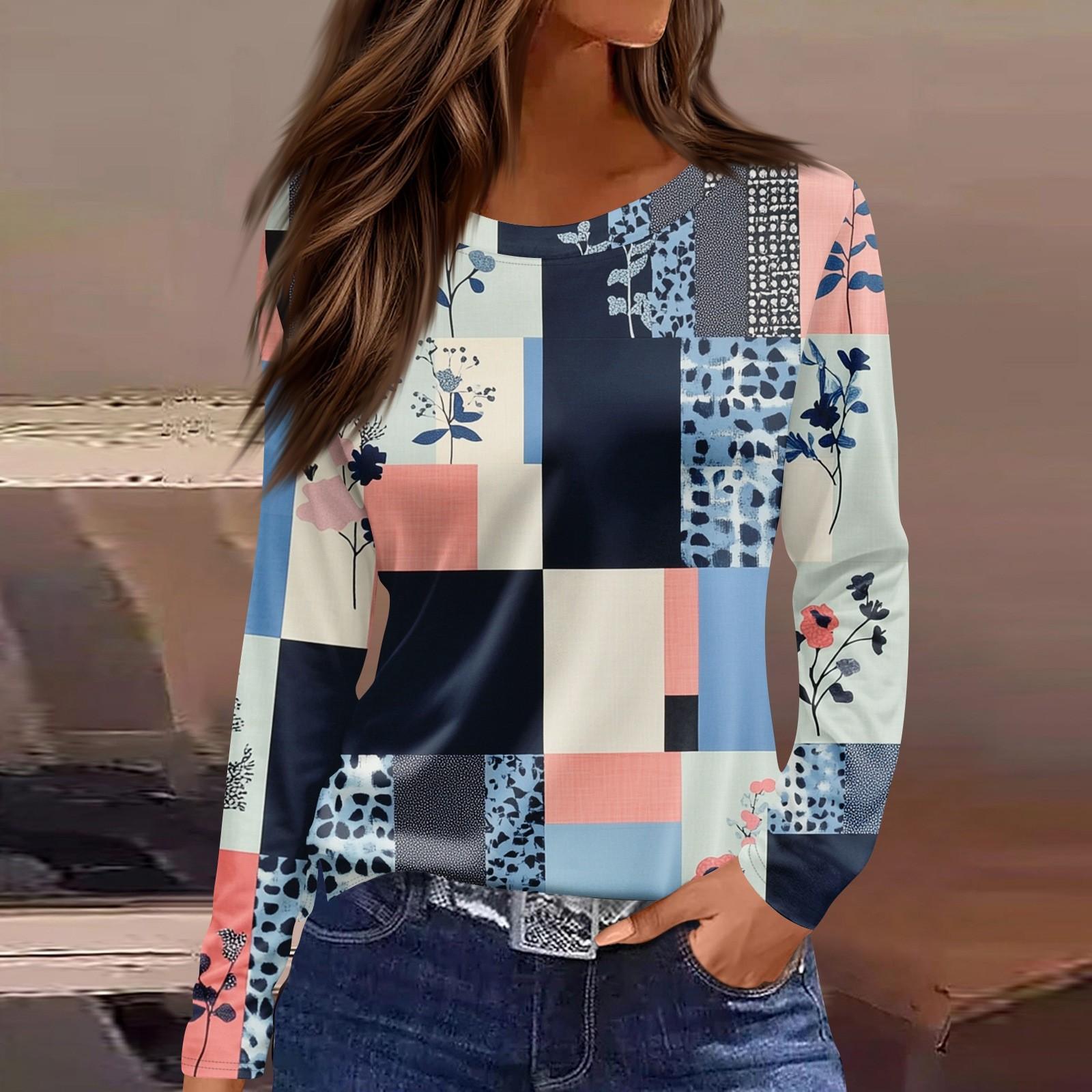 

Женский повседневный топ с длинным рукавом и принтом, с круглым вырезом XL небесно-голубой