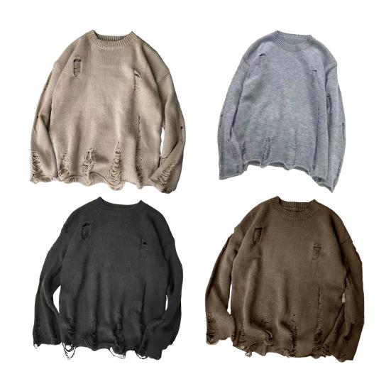 Maglione da uomo autunno inverno con fori strappati, tinta unita, girocollo, lavorato a maglia, retrò, stile giapponese, lunghezza media, ampio, manica lunga, morbido e caldo, pullover da uomo
