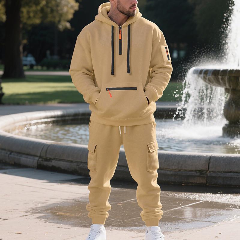 Autumn Winter Men's Fleece Zipper Hoodie & Multi-Pocket Workwear Pants Set