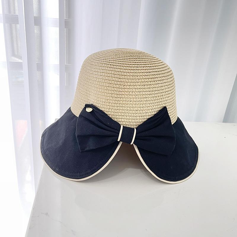 Bow big brim sun hat children versatile travel splicing straw hat summer sunscreen bucket hat folding tide