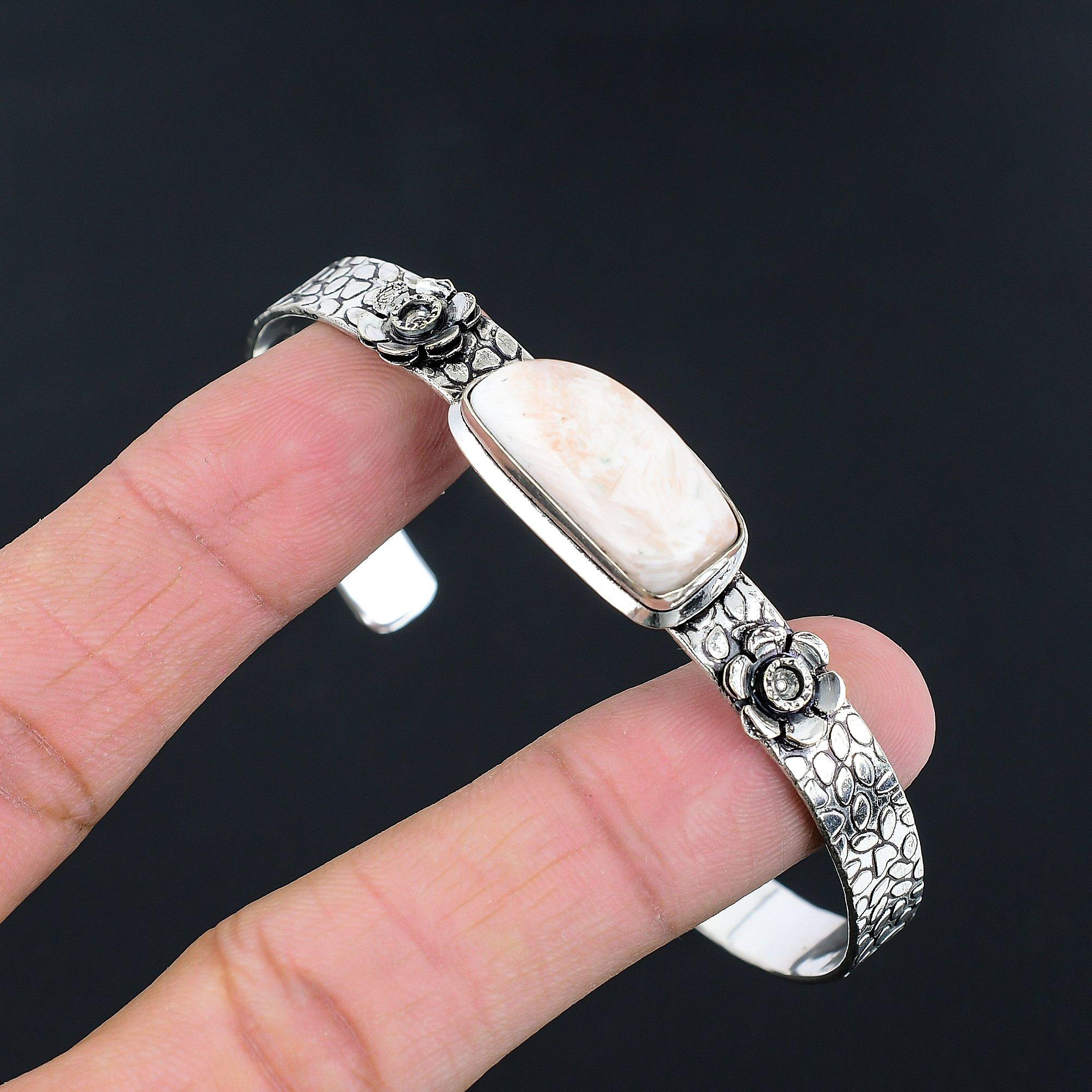 

Natural Scolecite Gemstone Bangle Flower Adjustable 925 Silver For Girls Adjustable