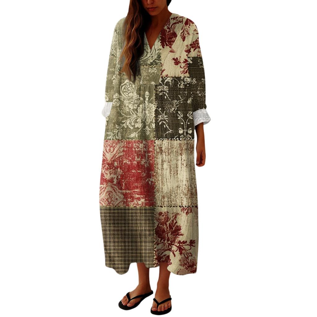 Dámské ležérní a módní šaty s dlouhým rukávem s květinovým potiskem a výstřihem do V šaty s dlouhým rukávem