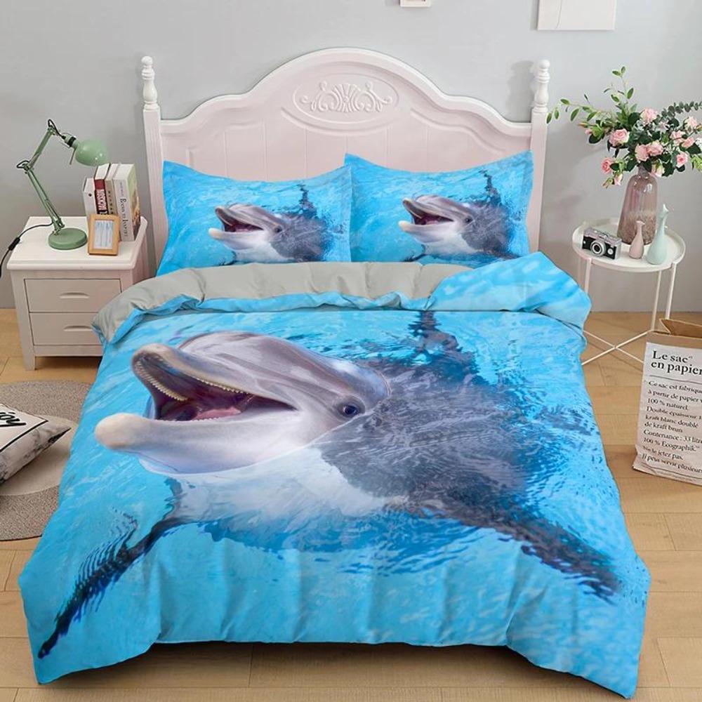 3D Dolphin Pattern Blue Ocean Queen King Size Bed Cover Animal Single Bedbag Pillowcase Children Adult Bed Polyester Bedding