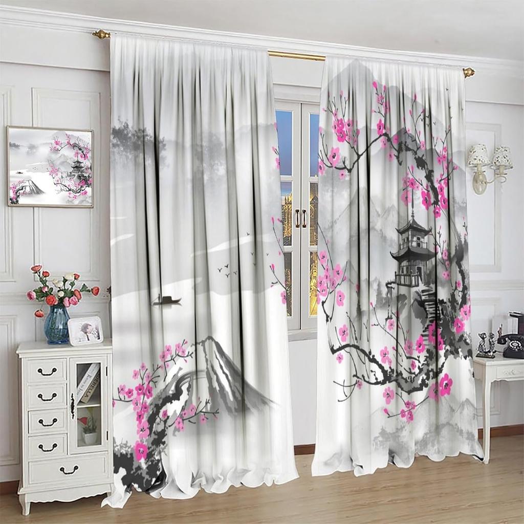 Asian Japanese Cherry Blossom Curtains Plum Ink Landscape River Pagoda Window Treatments Drapes Boys Girls Vintage Made Of Polyester