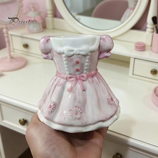 Multipurpose Storage Box Bow Dress Pencil Cup, Ceramic Desk Organizer, Cute Makeup Toothbrush Holder Brush for Girls Room, Office Gift Women Pen