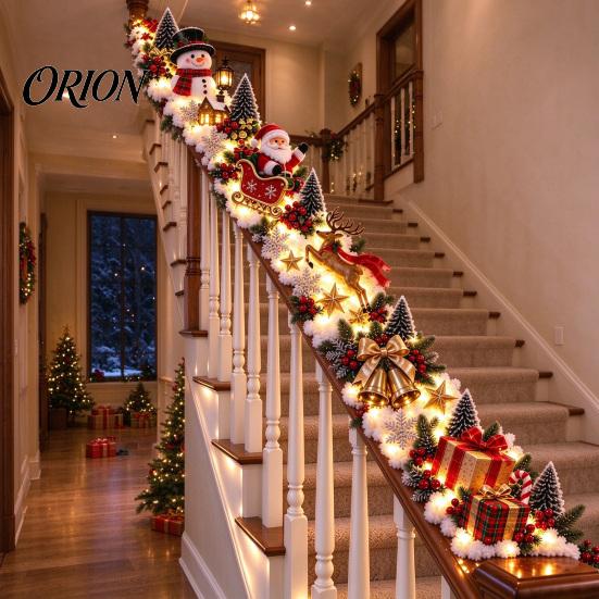 Holiday Entryway Stair Garland Santa Sleigh Railing Decor, Warm LED Lighted Snowy Banister Decoration, Pre-Lit Christmas White Lighting with