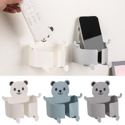 Suporte de armazenamento para carregamento de telefone de cabeceira, autoadesivo, sem perfuração, antiderrapante, formato de urso de desenho animado, com vários ganchos, organizador de suporte para telefone