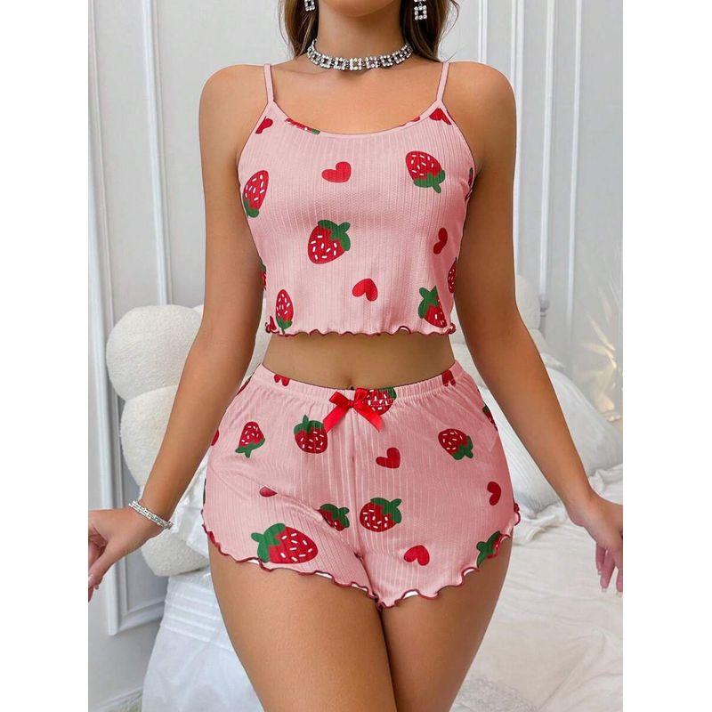2025 New Sexy Pajamas Female Strawberry Heart Printing Fashion Sling Best Selling Sweet Cute Loungewear