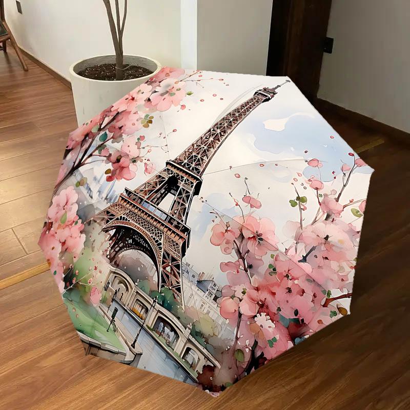 1PC Eiffel Tower, Cherry Blossoms Umbrella-8-Rib Reinforced, Automatic Open, Lightweight & Durable, Cute Fashion Accessory for Outdoor, Beach, or Casu