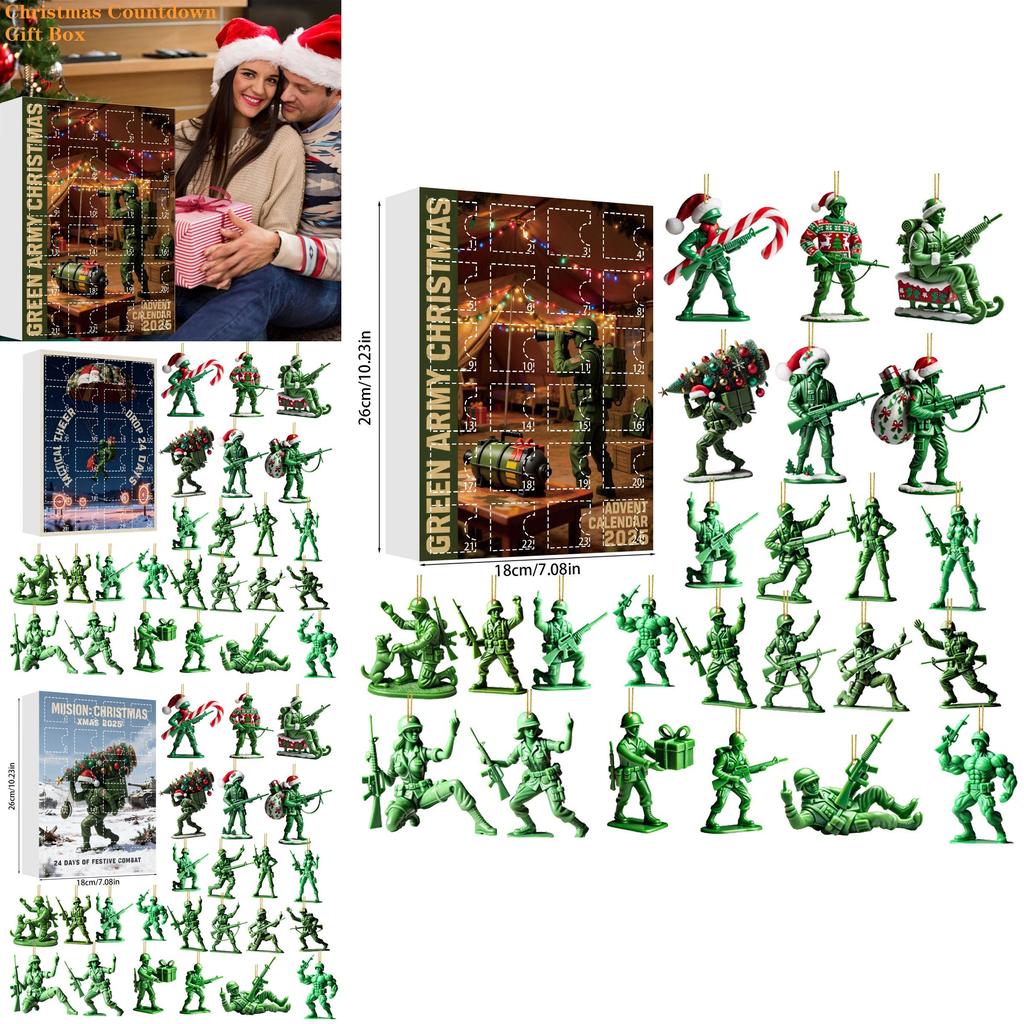 Weihnachts-Adventskalender-Überraschungsbox Mit Grünen Armeefiguren Acryl-Anhänger Für Feiertagsdekoration Und Geschenke
