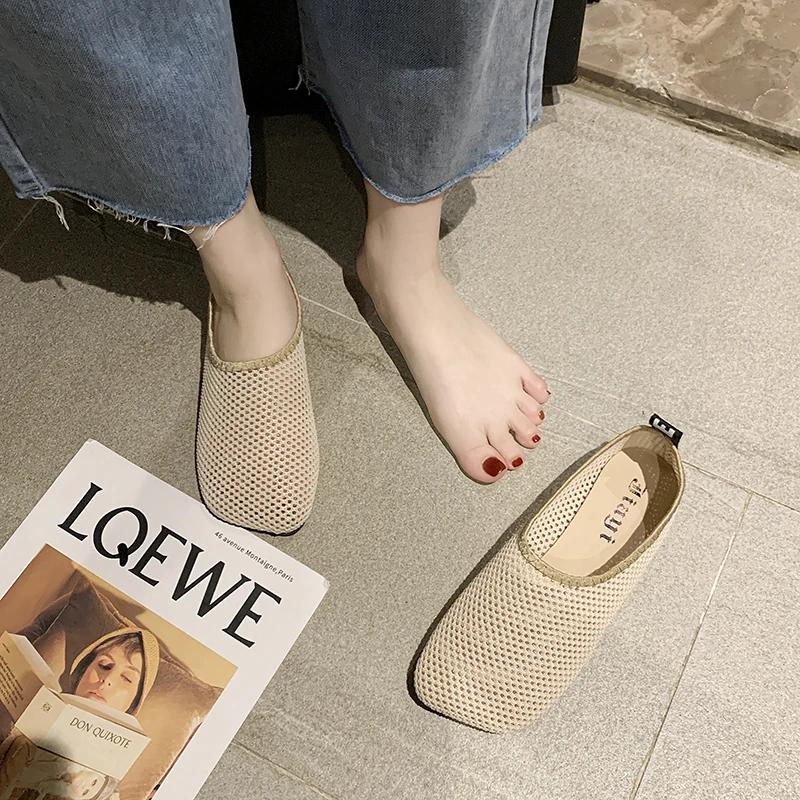 Fashion 2025 Summer Women Flats Hollow Design Breathable Mesh Casual Shoes Solid Color Square Toe Large Size Zapatos De Mujer Flats