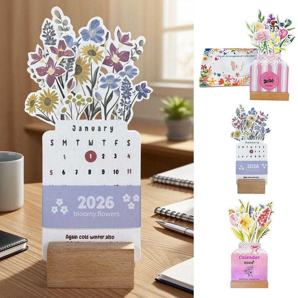 Wooden Base 2026 Desktop Calendar Detachable Base Vase Shaped Bloomy Flowers Desk Calendar DIY Floral Theme Standing Calendar