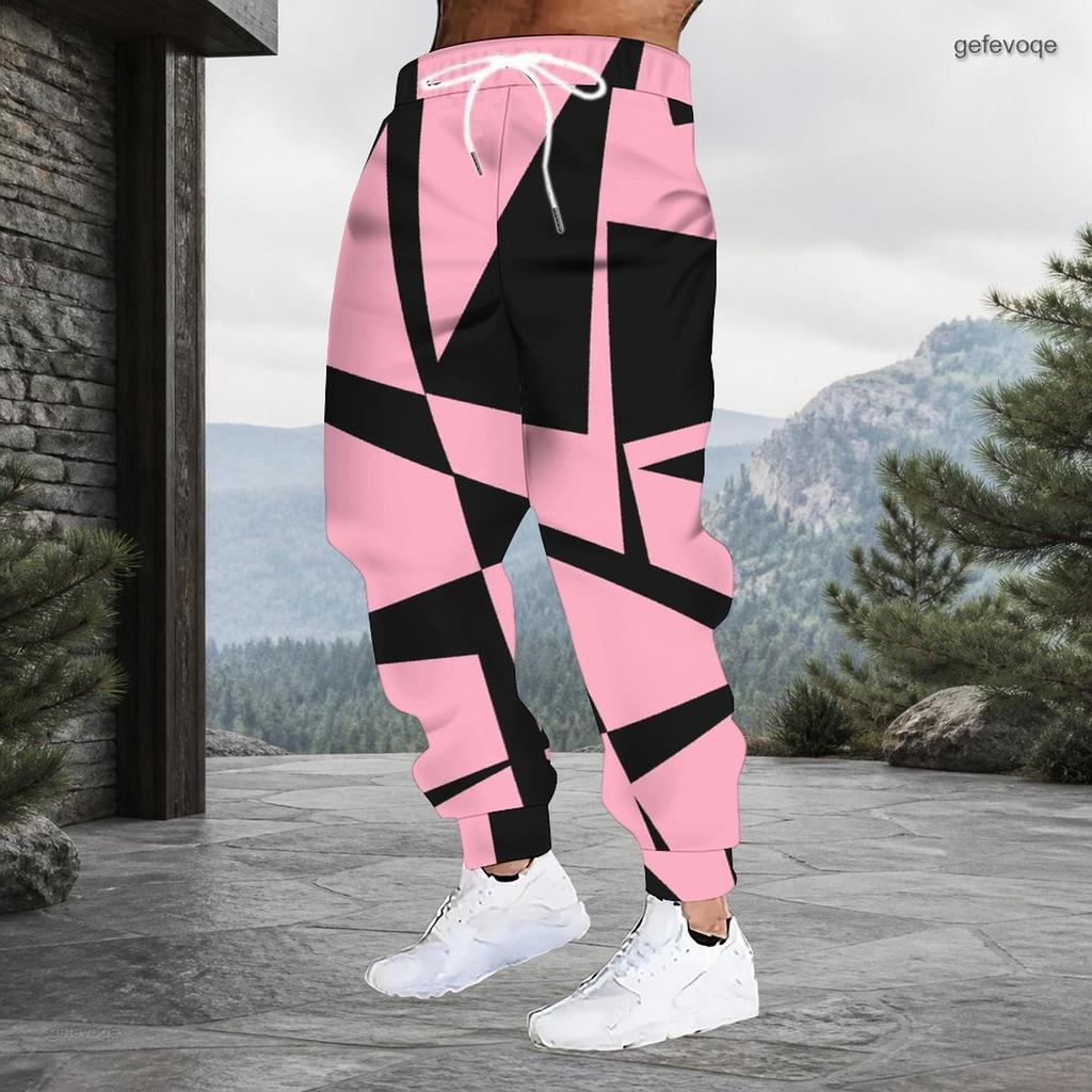 Men s Plus Size Black White Geometric Printed Drawstring Cuffed Ankle Jogger Pants With Side Pockets