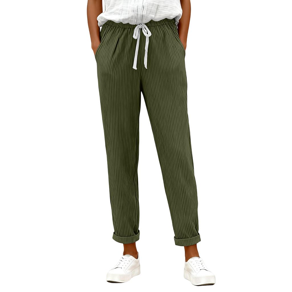Women's Fashion Solid Color Elastic Waist Pocket Strap Casual Pants
