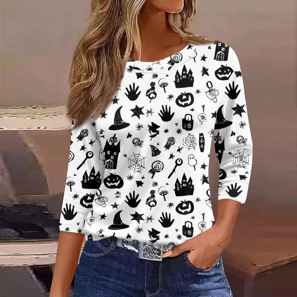 Women 3/4 Sleeve Casual Loose Fit Shirt Round Neck Halloween Pumpkin Print T-Shirt Top for Everyday Wear