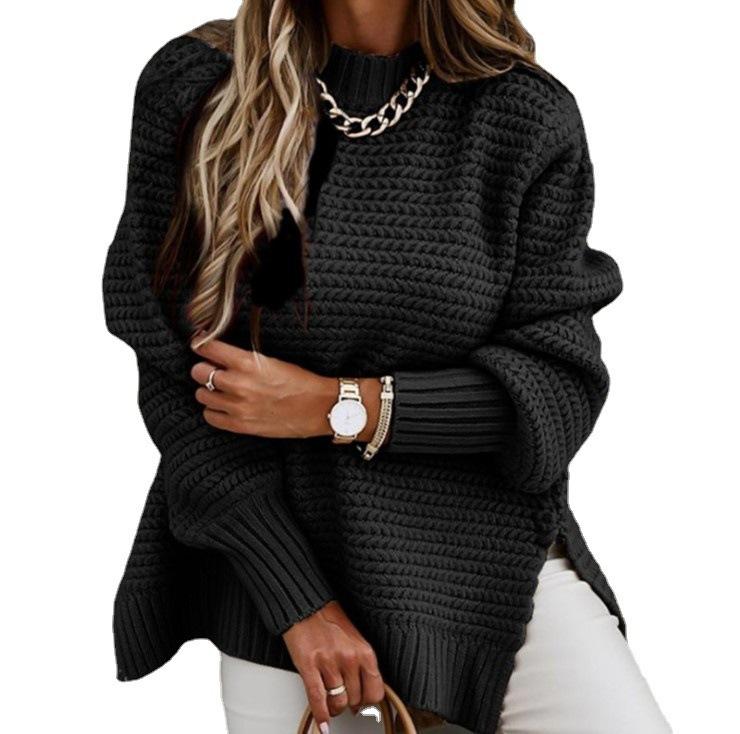 Autumn and winter new semi-turtleneck loose solid color long-sleeved hollow side split knitted sweater women's leisure