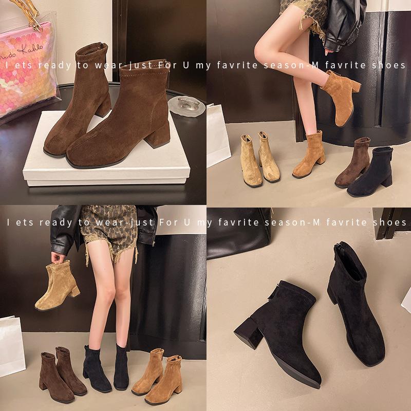 Retro suede square heel not tired short boots women's 2025 autumn and winter new thin square head rear zipper fashion boots