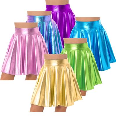 Glanzende Hoge Taille Flare Rok voor Dames Club Podium Kostuum Feest Danskleding Glanzende Metallic Ruche Rokken