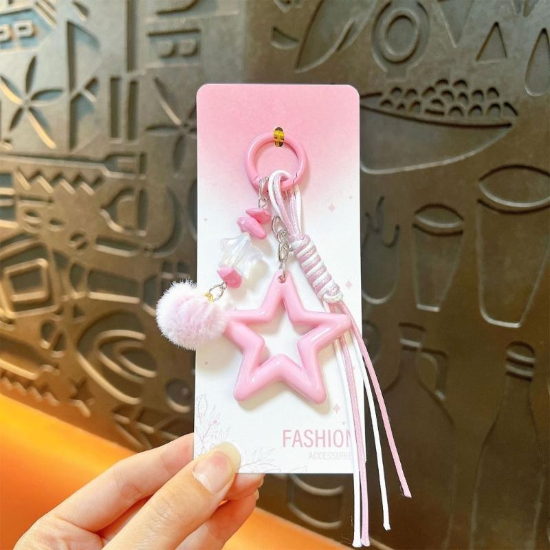 Star Keychain with Decorative Ball and Acrylic Charm, Spring-Gate Clasp and Cord Details for Keys, Bags, and Zipper Pulls