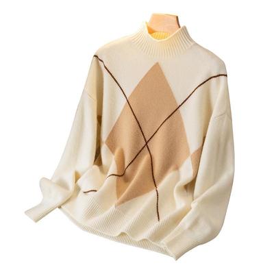 2024 Autumn Women's High Neck Diamond Pattern Wool Sweater - Stylish Versatile Knit Top