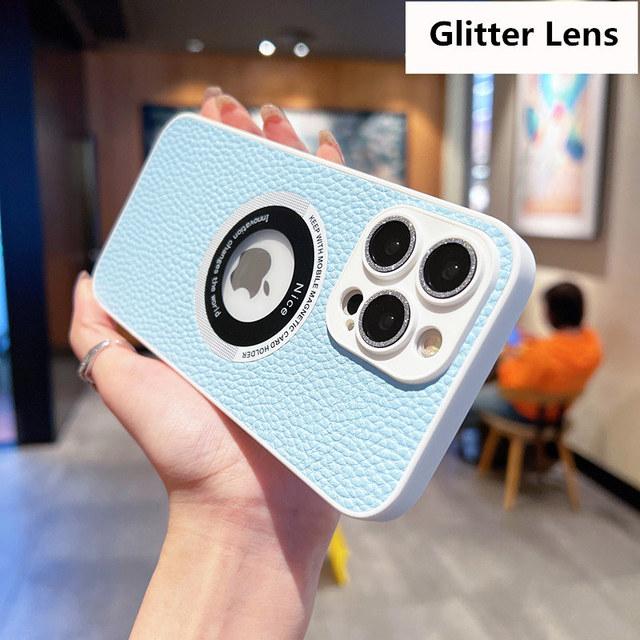 Skórzane logo biznesowe z dziurką etui na telefon Iphone 14 13 12 11 Pro Max 14 Plus 14pro 11 odporna na wstrząsy miękka osłona obiektywu tylna okładka