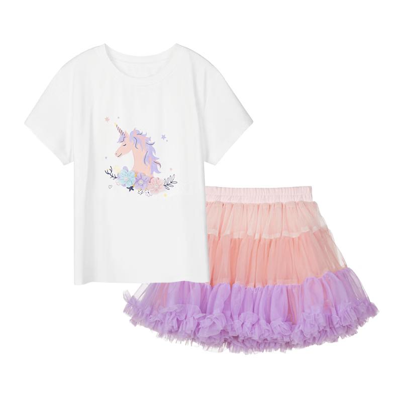 Fuluomi Girls Summer Sweet Two-Piece Set: Short-Sleeve Top & Tulle Skirt 150
