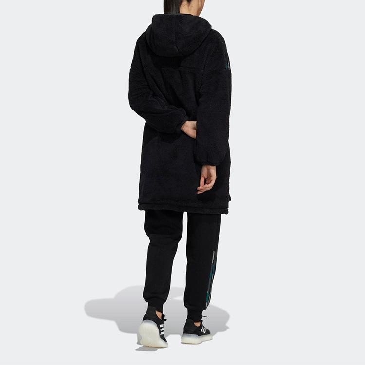 Adidas Damska Polarowa Jednokolorowa Ciepła Dwustronna Kurtka z Kapturem Średniej Długości Damskie kurtki Czarna H09701