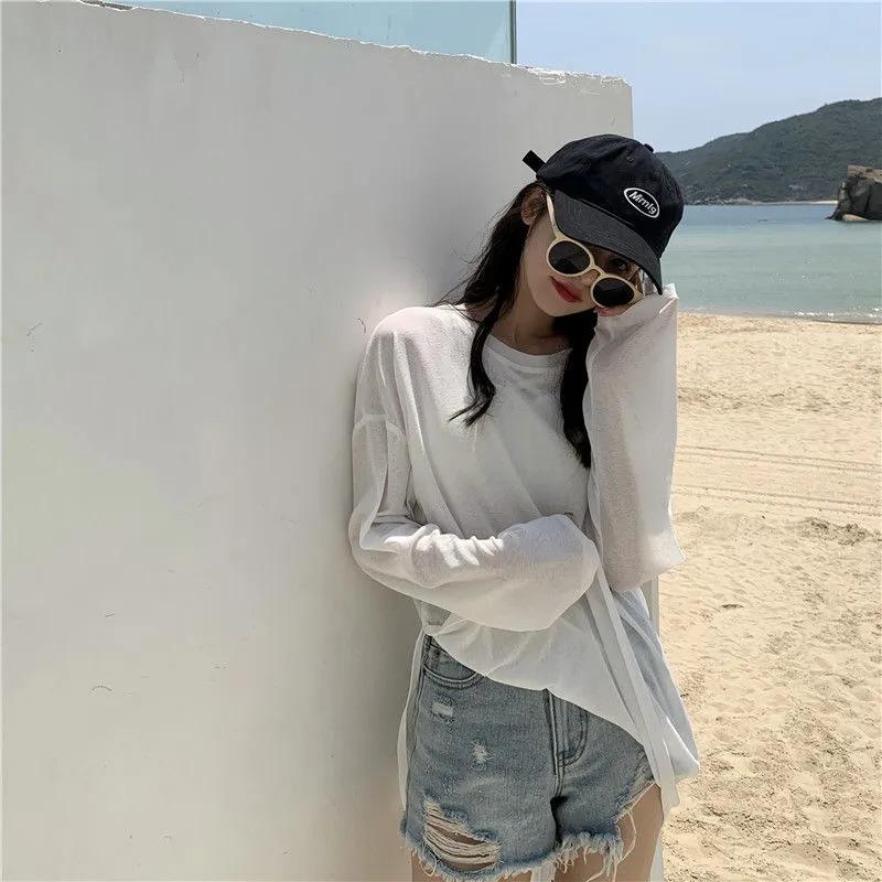 Sun Protection Top Women Long Sleeve Summer Thin Korean Loose Mid Long White Slit Ice Silk Tee