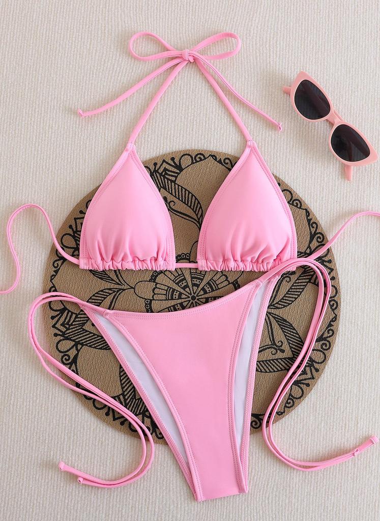 Bikini triunghiular de damă, culoare solidă - cu șireturi, elasticitate ridicată, uscare rapidă, respirabil, bureți detașabili, costum de baie sexy