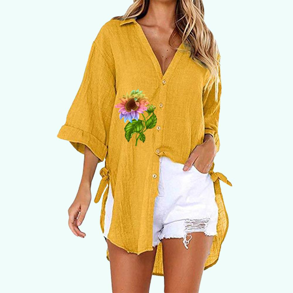 

Женские модные блузки с цветочным принтом больших размеров, летняя и осенняя повседневная футболка с коротким рукавом, женская свободная длинная рубашка на пуговицах с V-образным воротником 5XL жёлтый