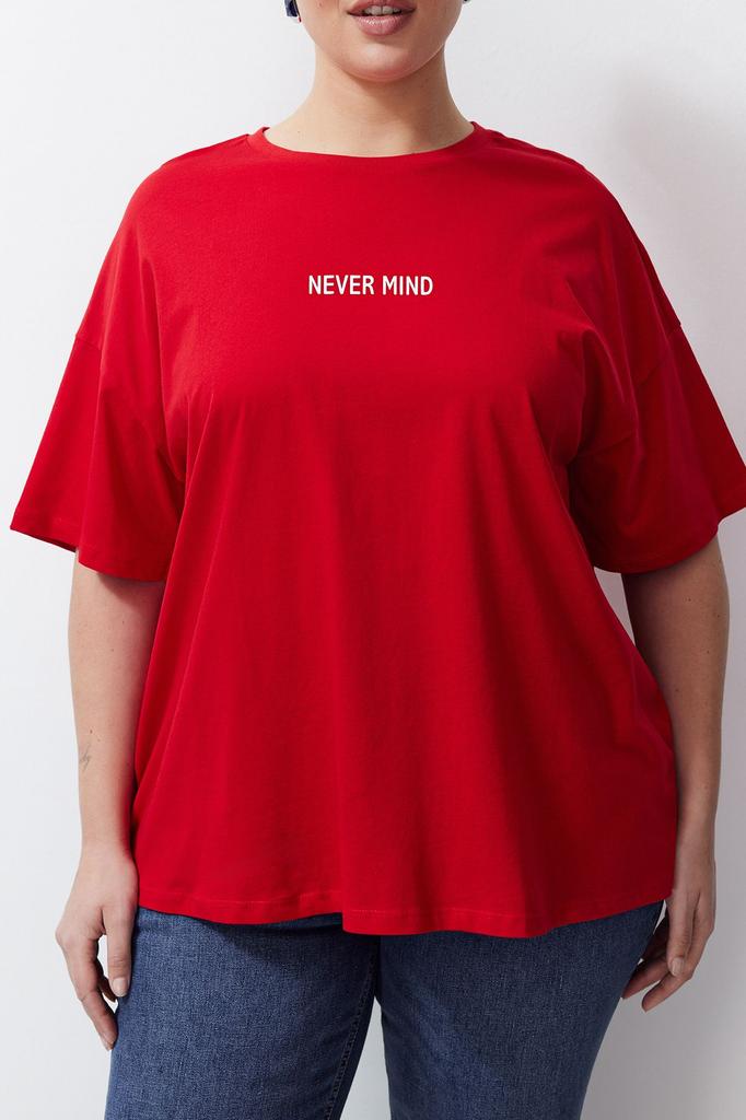 Damska Koszulka Dzianinowa Oversize w Dużym Rozmiarze z Czerwonym Napisem