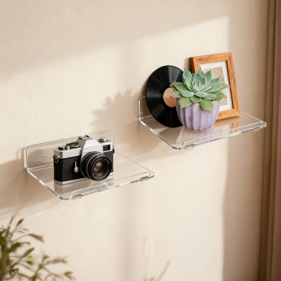 Yousheng 2Pcs Acrylic Floating Wall Shelves Transparent Wall Shelves Adhesive or Screw Installation Display Shelves for Speaker Plant Pot Figures