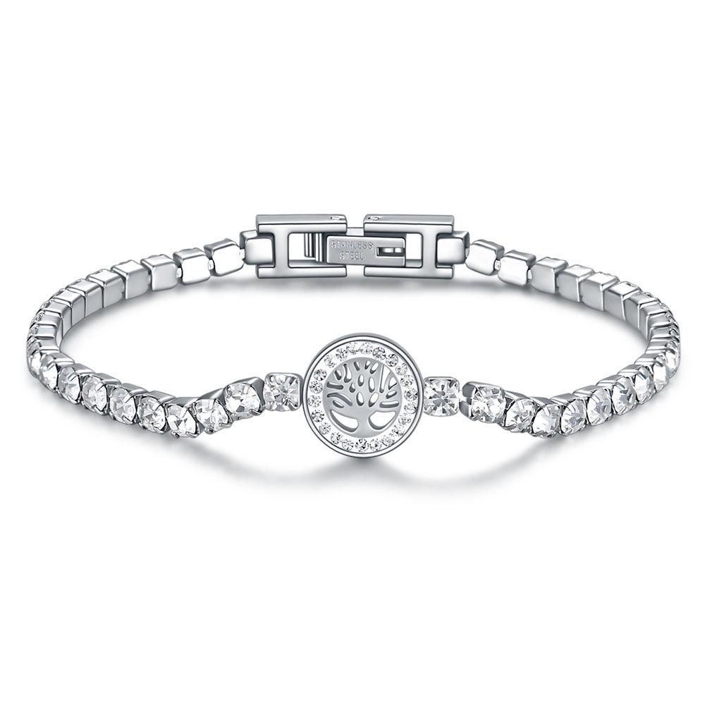 Zircon Inlaid Tree of Life Bracelet—3MM Spliced Chain, Detachable 10MM Stainless Steel Round, Women s Jewelry