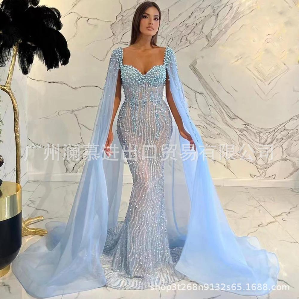 European and American high-end blue elegant flying sleeves fishtail dress banquet host performance evening dress LA11111
