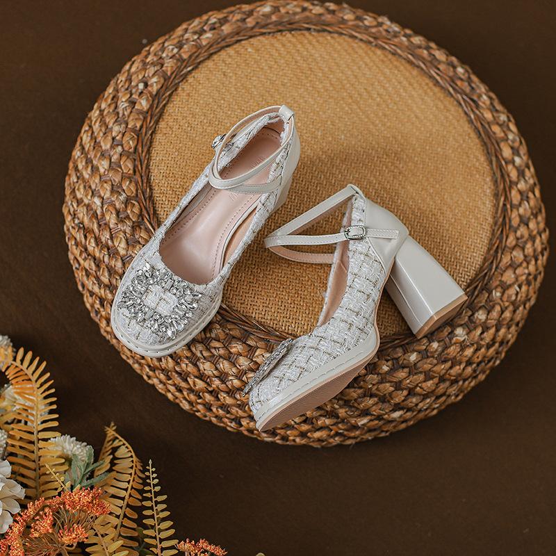 

Rhinestone super high heel Mary Jane women s shoes thick heel thick sole waterproof table high heels new princess shoes in autumn 2025 34 абрикосовый