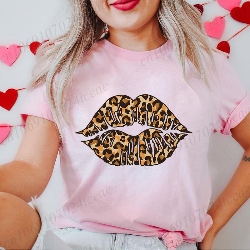 Women's T-Shirts Clothing Valentine Leopard Love Heart Print Tees Breathable Tshirt Loose T-Shirts Harajuku Casual Short Sleeve