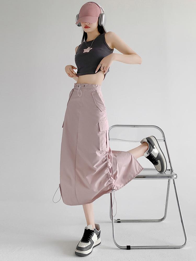 Cargo Midi Skirt Women Summer Slim High Waist Slit A-line Skirt Stitching Drawstring Female Streetwear Vintage Y2K Grey