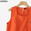 VONDA Women Summer Square Neck Sleeveless Side Decorate Buttons Casual Tank Tops