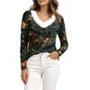 Women's Long Sleeve V-Neck Christmas Top with Collar, Snowflake and Christmas Tree Print