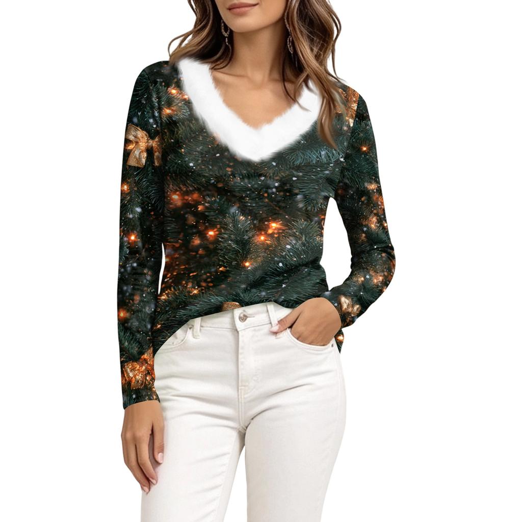 Women's Long Sleeve V-Neck Christmas Top with Collar, Snowflake and Christmas Tree Print
