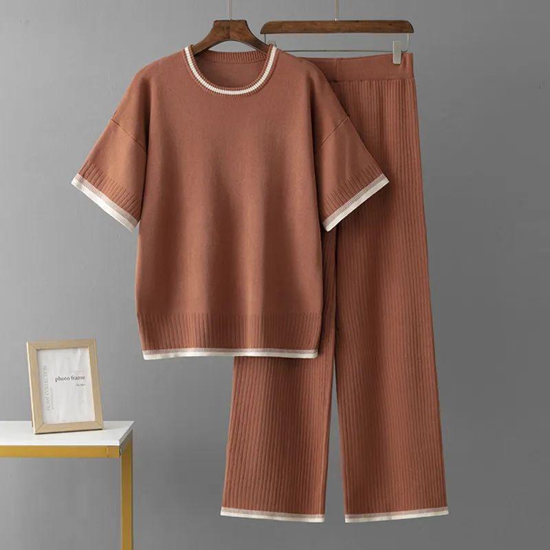 

Cross-Border Summer Solid New Simple Loose Short sleeve Knitted Top Wide-Leg Pants Knit two piece Women Orange One size