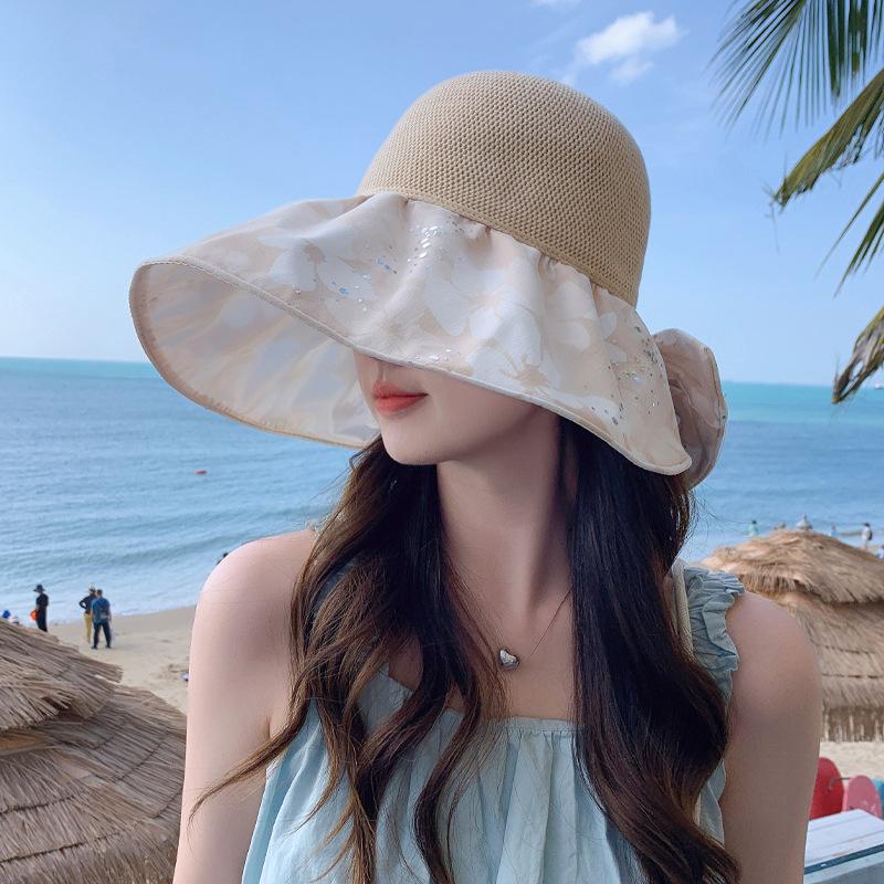 Hat Women's Colored Glue Sun Protection Sun Hat Temperament Bow Lace Yarn Bucket Hat Mesh Breathable Sun Hat