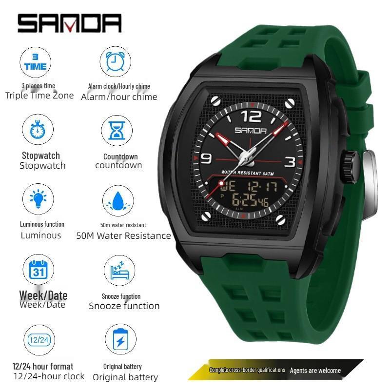 Sanda Dual Display Multifunctional Waterproof Luminous Men's Wristwatch