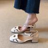 Soft leather version~ French camellia hollow bag head sandals one-word buckle belt commuting temperament square head thick heel single shoes women