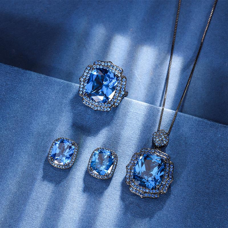 Jewelry Copper Bottom Gold-Plated Simulation Blue Spinel Fertilizer Rectangular Black Gold Personalized Set 14 * 16