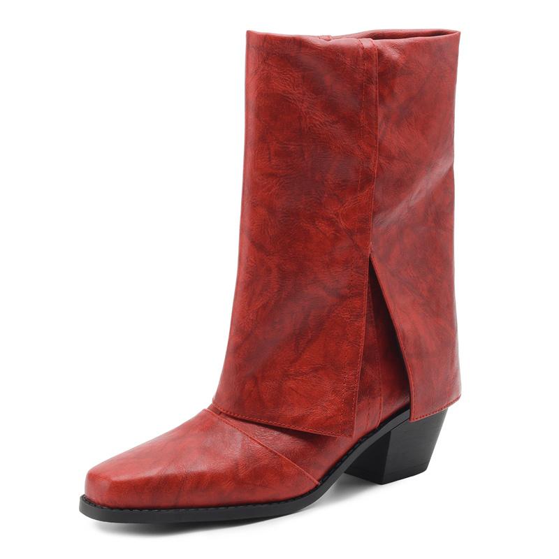 Winter Damen umklappbare Stiefeletten Rot Schwarz Braun Hoher Blockabsatz Quadratische Spitze Lässig Kleid Dame zum Hineinschlüpfen Klappbare Kurze Stiefel